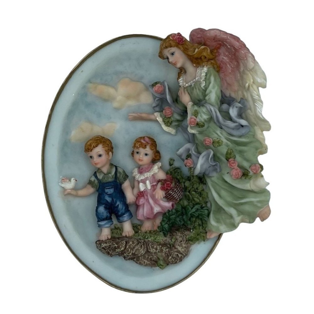 3D Guardian Angel Decorative Glass Plate Blue, Pink and Green Multi-Color